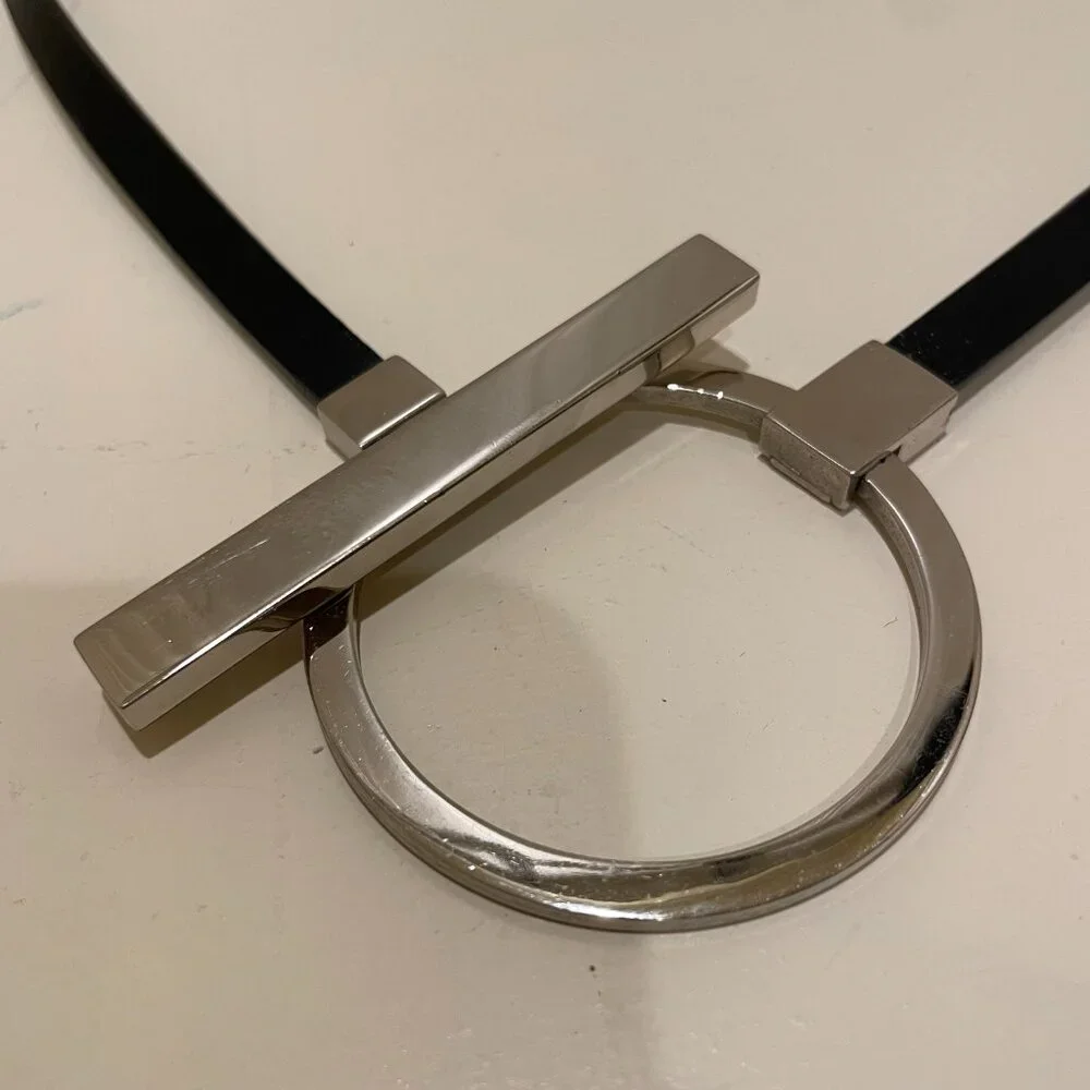 The Limited | Black Skinny Belt with Modern Silver-tone Circle & Toggle | Medium
